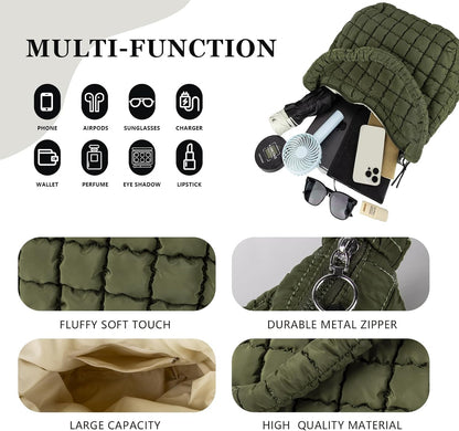 Quilted Puffer Tote Bag Large Crossbody Shoulder Bag with Zipper, Nylon Hobo Oversized Handbag - PuriLite