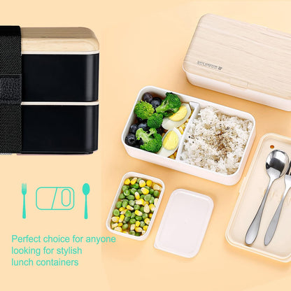 Original Bento Box Lunch Boxes Container Bundle Divider Japanese Style with Stainless Steel Utensils Spoon and Fork (Pink) - PuriLite