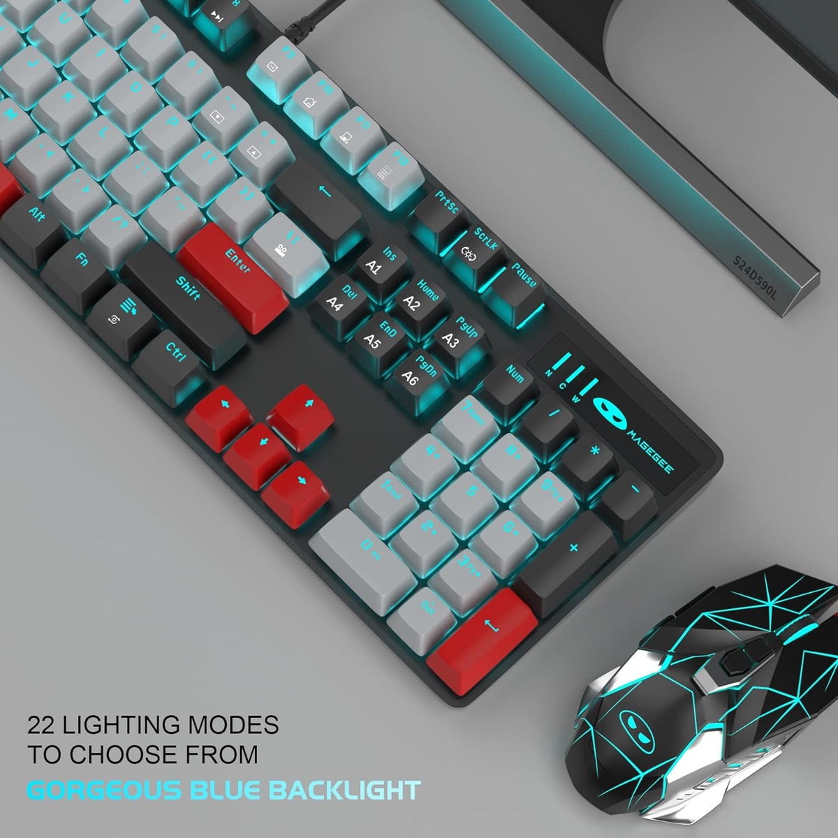 Mechanical Gaming Keyboard, 104 Keys White Backlit Mechanical Keyboards with Red Switches & Double-Shot Keycaps, MageGee Wired Ergonomic Computer Keyboard for Desktop, PC Gamers (White & Blue) - PuriLite