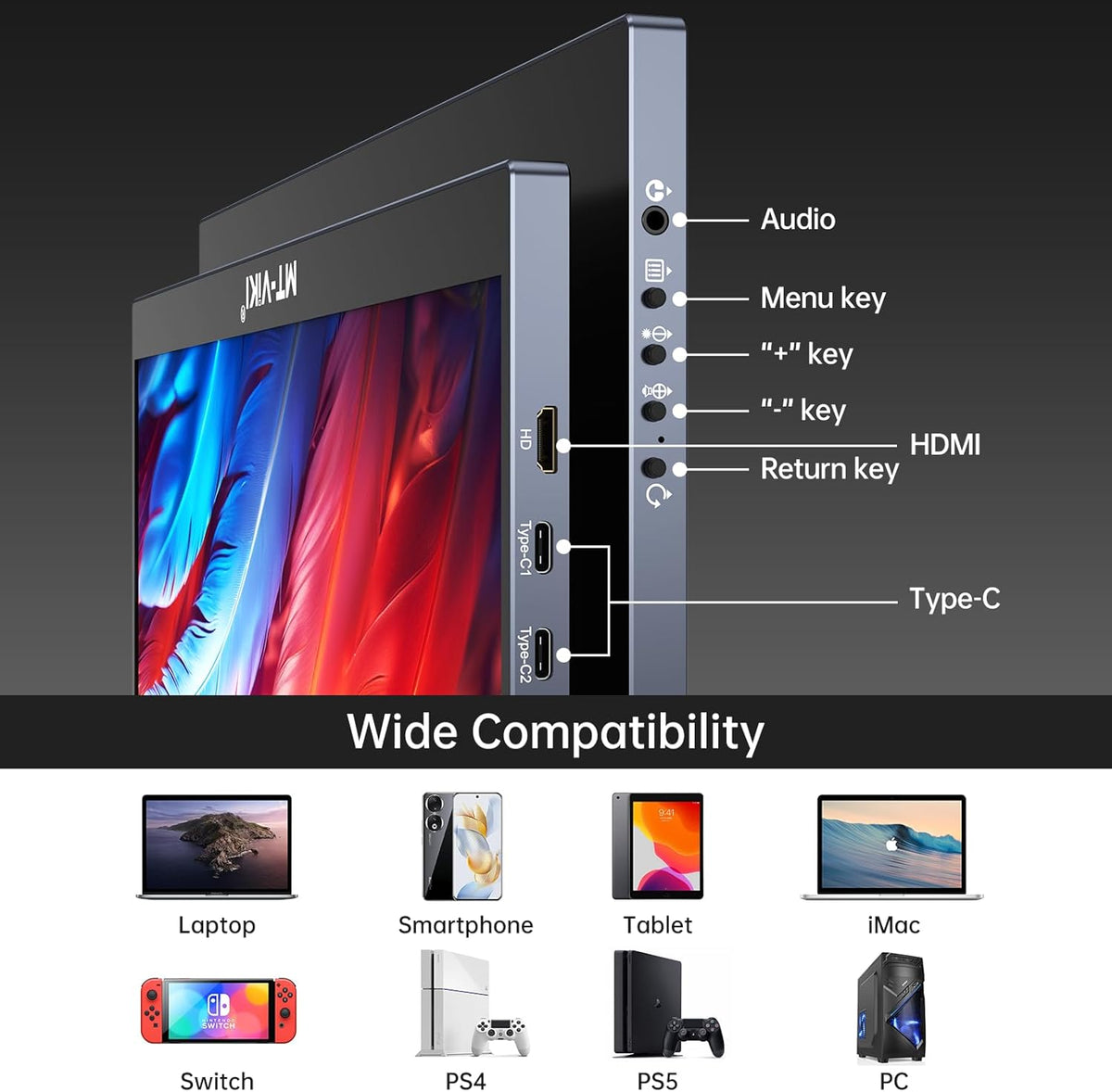 MT-VIKI 15.6 inch Laptop Screen Extender, Potable Screen for Laptop Only One USB-C Cable Connection, Compatiable with Win/Mac (M1,M2, M3), FHD 1080P, 360° Rotation - PuriLite