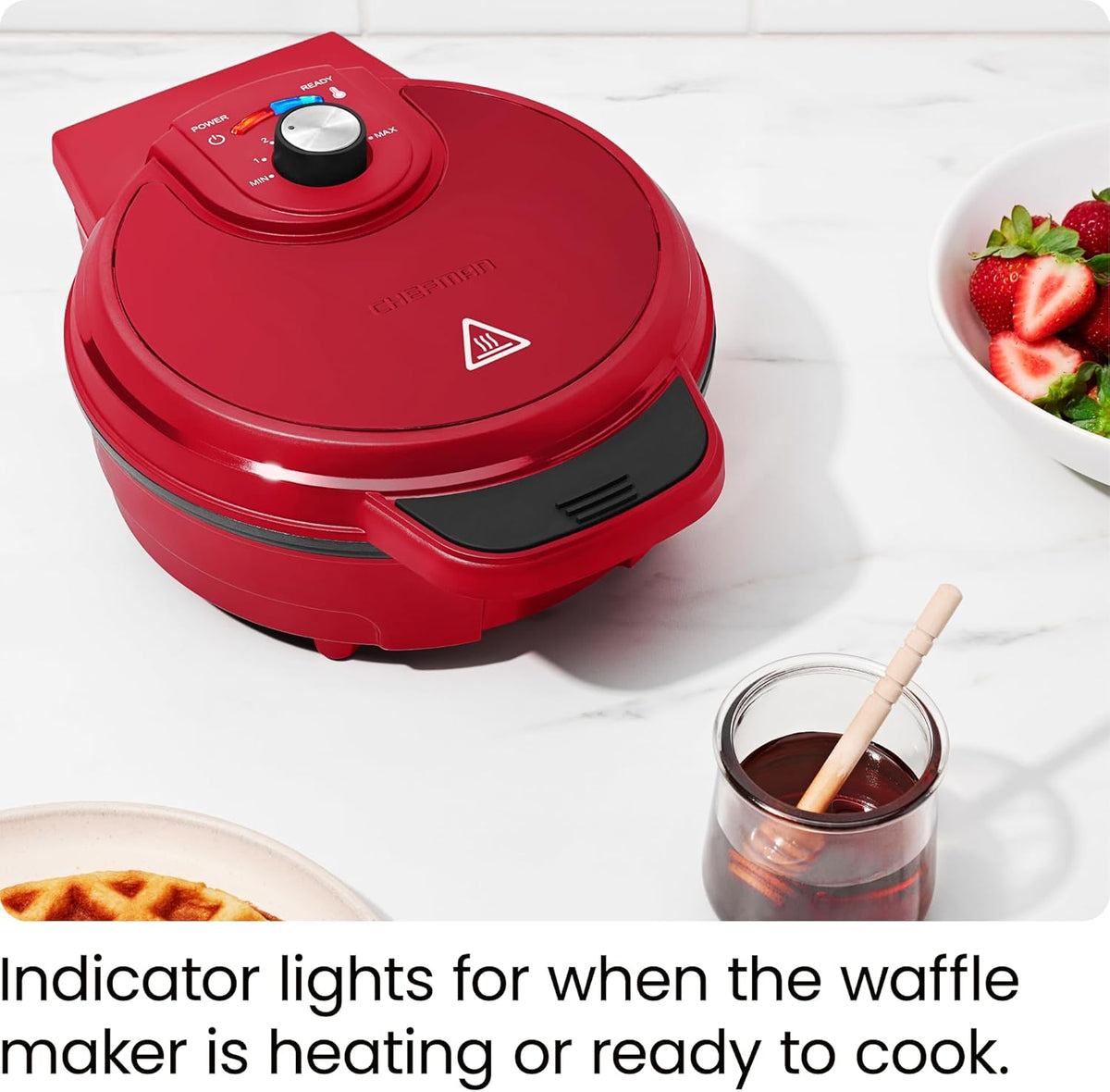 Chefman Anti-Overflow Belgian Waffle Maker w/ Shade Selector, Temperature Control, Mess Free Moat, Round Iron w/ Nonstick Plates & Cool Touch Handle, Measuring Cup Included, Red - PuriLite