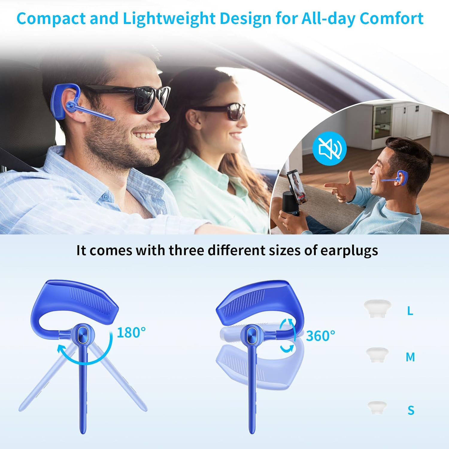 Wireless Headset Bluetooth Earpiece with Dual Noise Canceling Microphone Hands Free Headphones Single Ear Earphone Over Ear Earbud for iPhone Samsung Android Cellphones TV PC Trucker Game Work - PuriLite