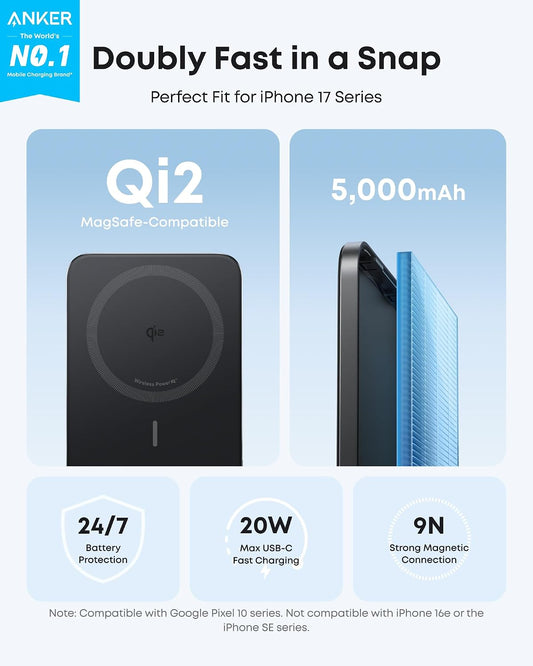 Anker Nano Power Bank, 5,000mAh, Qi2-Certified 15W Portable Charger Ultra-Slim MagSafe-Compatible Battery Pack, Travel-Ready, Ergonomic Design, for iPhone 18/17/16/15 Series and More (Black)