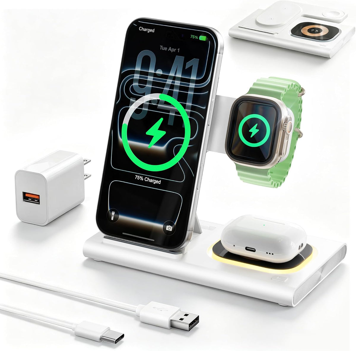 3 in 1 Foldable Charging Station for Apple Wireless Charger iPhone Charging Station for iPhone 18 Pro Max,Apple Watch 12 Charger Stand, Light Nightstand Charging Dock for iWatch/Airpods