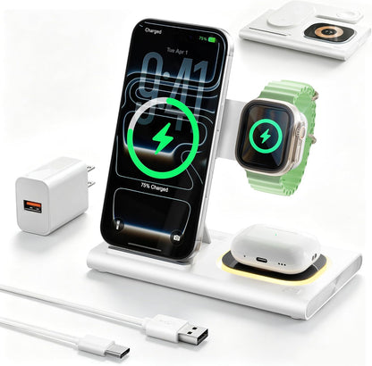 3 in 1 Foldable Charging Station for Apple Wireless Charger iPhone Charging Station for iPhone 18 Pro Max,Apple Watch 12 Charger Stand, Light Nightstand Charging Dock for iWatch/Airpods