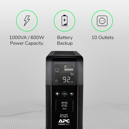 APC BR1000MS Sine Wave UPS Battery Backup & Surge Protector, 1000VA, Backups Pro, Black - PuriLite