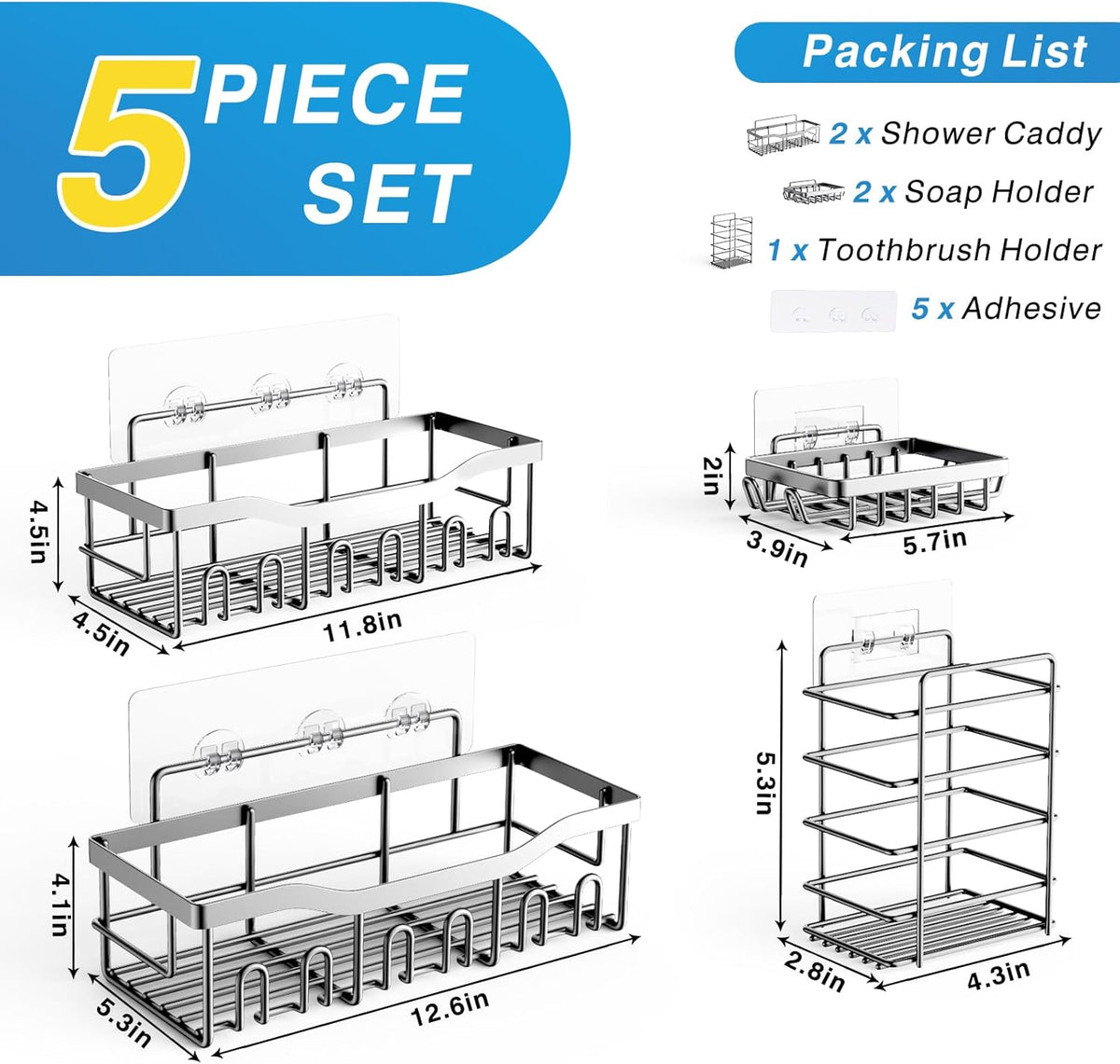 EUDELE 5-Pack Rustproof Stainless Steel Shower Caddy – No Drill Adhesive Bathroom Organizer with Large Capacity, Spacious Shower Shelves for Inside Shower, Kitchen & Home Decor Storage - PuriLite