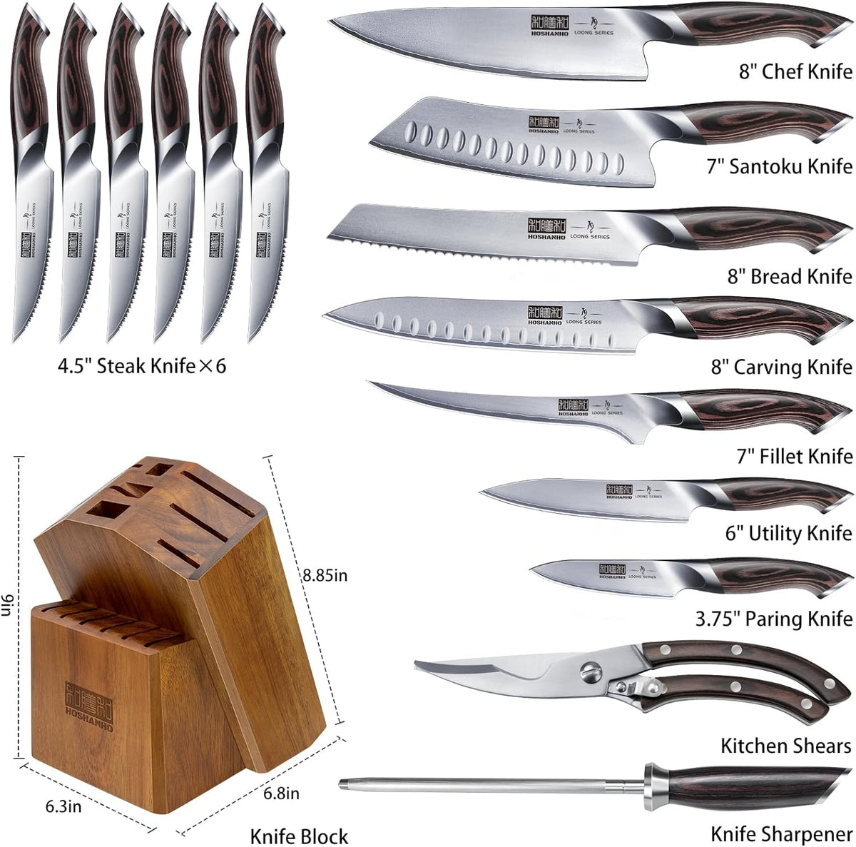 HOSHANHO 16-Piece Knife Set, Japanese High Carbon Stainless Steel Kitchen Knife Set, Ultra Sharp Chef Knife Block Set with Sharpener - PuriLite