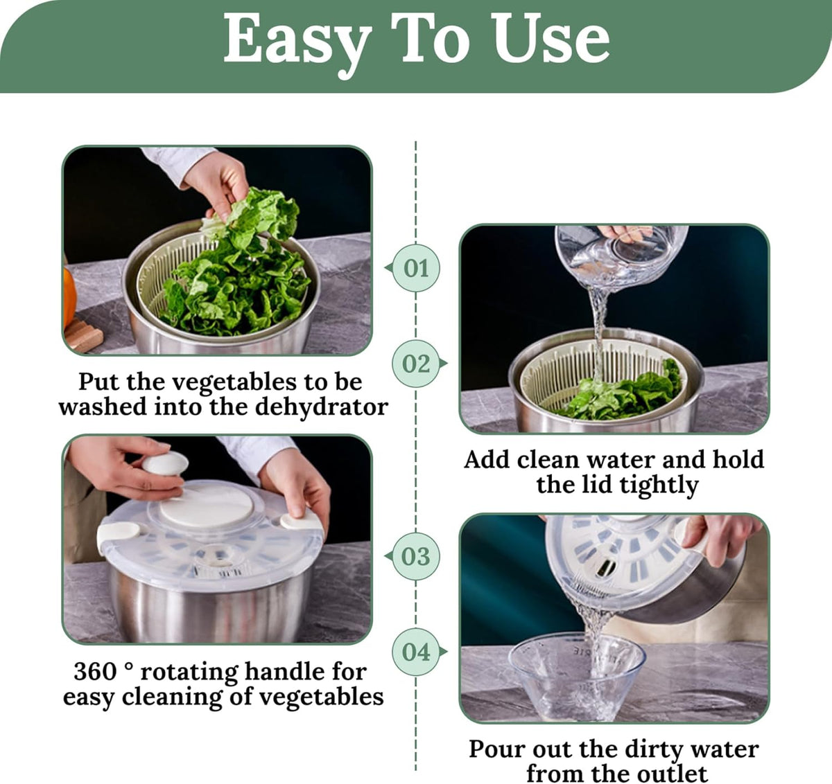 Salad Spinner 5L Dual Layer Stainless Steel & PP Lettuce Spinner with Lid & Rotating Handle Multi-Purpose Quick Dry Fruit and Vegetable Wash for Kitchen - PuriLite