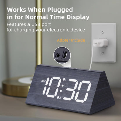 Odokee Wooden Digital Alarm Clock for Bedroom: Electric Desk Clock with Large LED Display - Brown - PuriLite