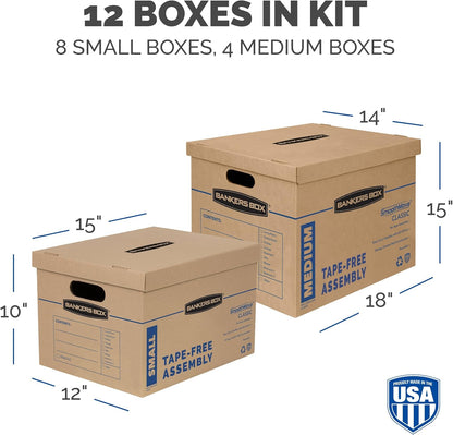 Bankers Box SmoothMove Classic Moving Kit Boxes, Tape-Free Assembly, Easy Carry Handles, 8 Small 4 Medium, 12 Pack(7716403) - PuriLite