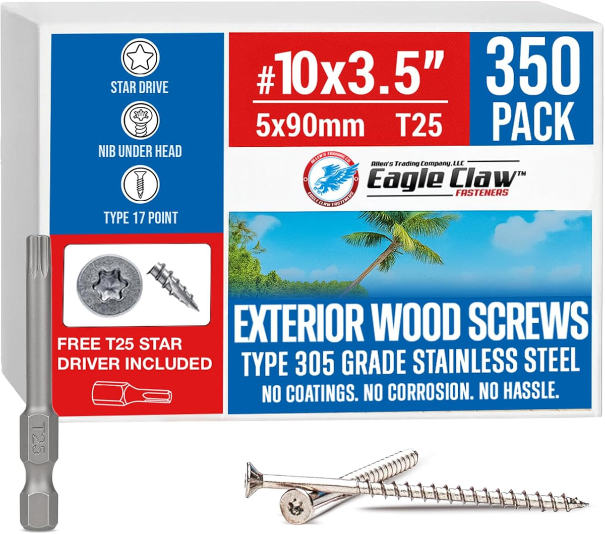 #10 x 3 Inch Stainless Steel Deck Screws 350 Pieces | T25 Star Torx Drive Flat Head | 304 Grade Stainless Steel Wood Screws High Corrosion Resistance by Allen's Trading Co. Eagle Claw Fasteners - PuriLite