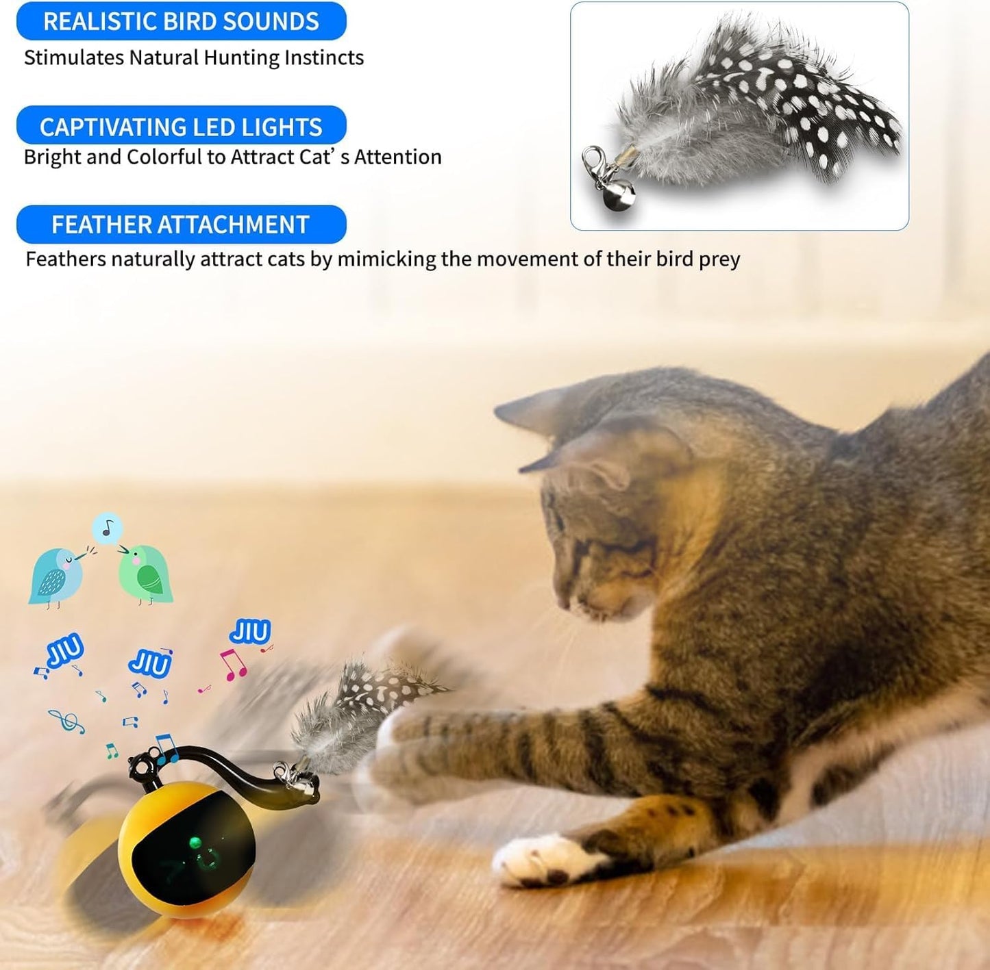snoslme Interactive Cat Ball Toy, Automatic Moving Cat Toy Ball with Feather Tail, Cats Toy for Chasing and Hunting (Yellow) - PuriLite