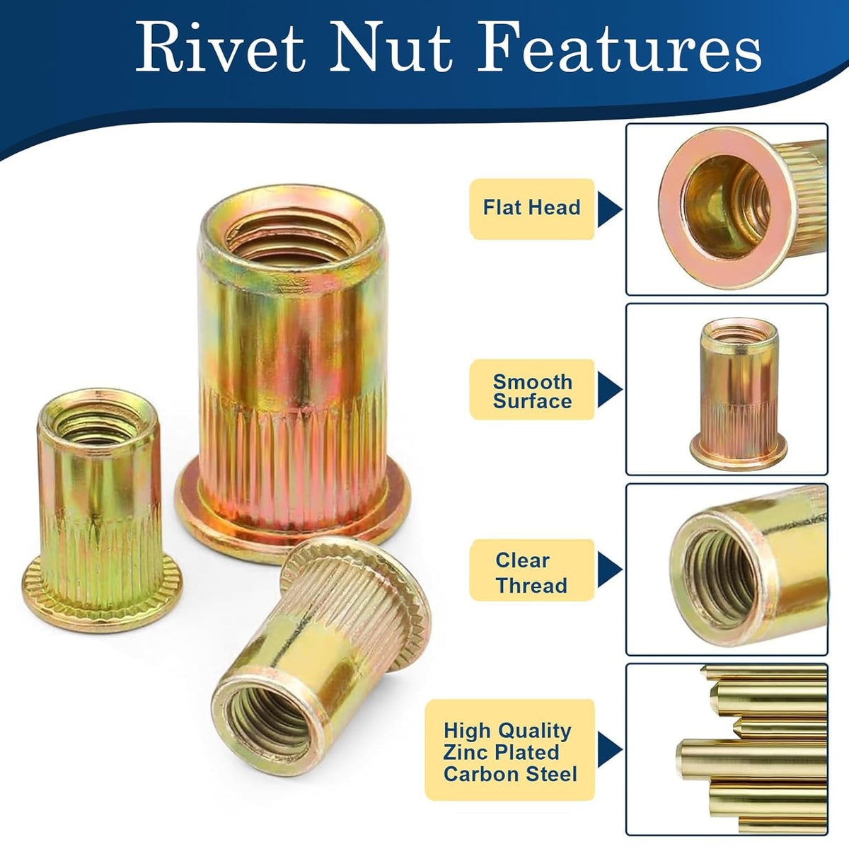 Vifmy Metric & SAE Rivet Nut Assortment Kit(420 Pcs),m3 m4 m5 m6 m8 m10 m12#6-32#8-32#10-24 1/4"-20 5/16"-18 3/8"-16 UNC Flat Head Rivnut Set,Zinc Plated Finish Carbon Steel Nutsert - PuriLite