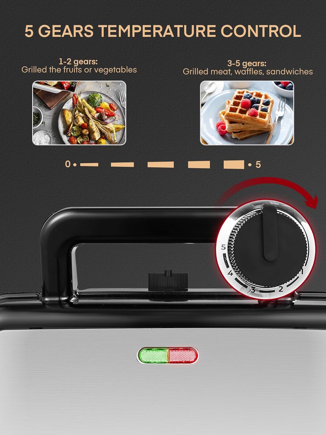 FOHERE 3-in-1 Waffle Maker, Sandwich Maker, Panini Press with Removable Plates, 5-Gear Temperature, LED Indicator Lights, Portable Handle, 1200W Belgian Electric Grill Cheese Machine - PuriLite