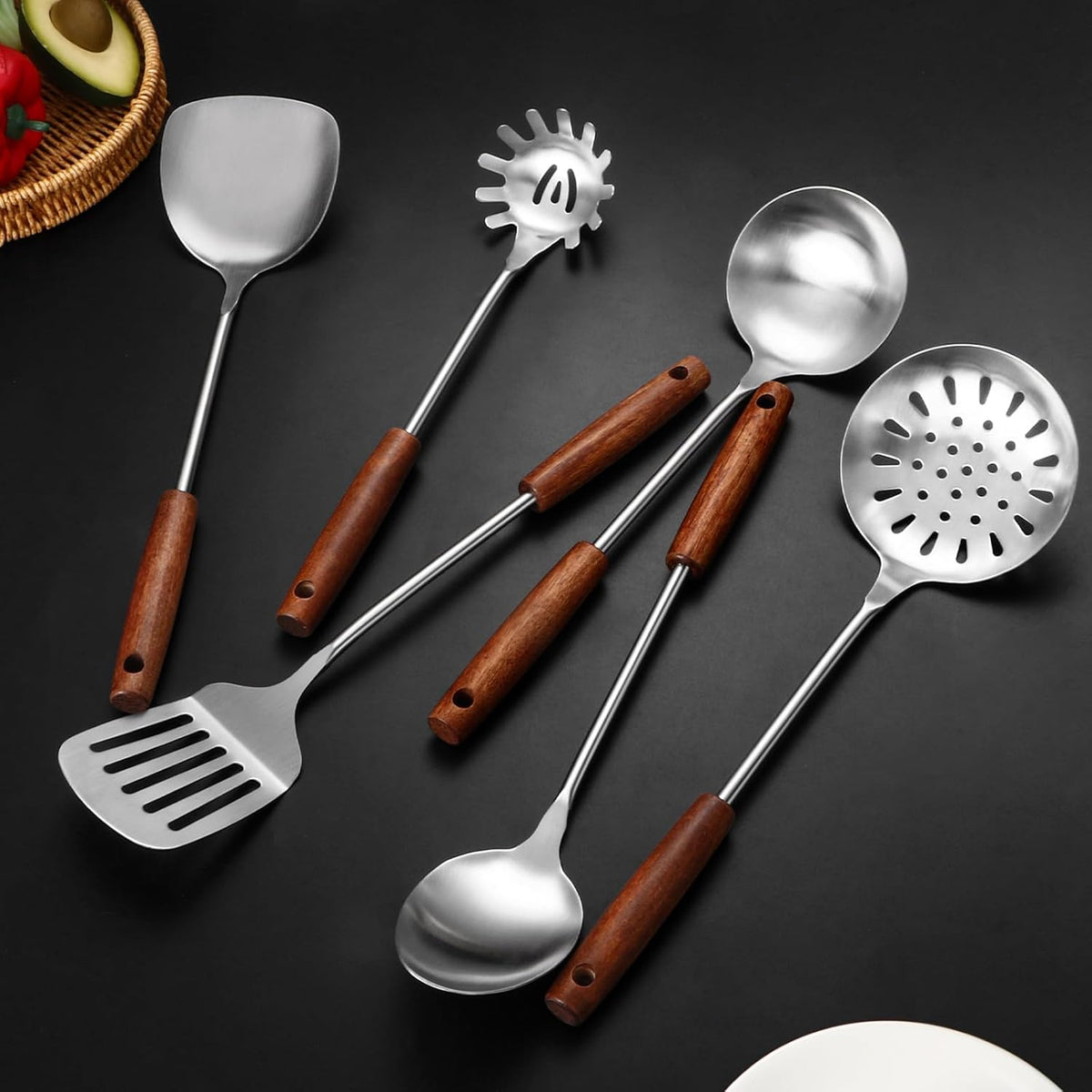 304 Stainless Steel Kitchen Utensils Set, 6 Pcs Long Cooking Utensils Set with Wooden Handle, Large Heat Resistant Kitchen Tools(Dishwasher Safe) - PuriLite