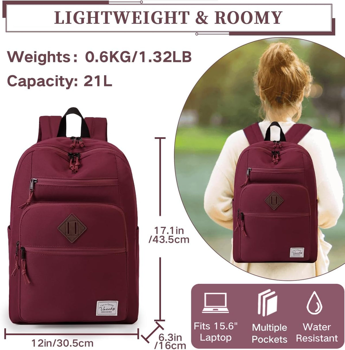 School Backpack for Men Women,Vaschy Lightweight School Bag Bookbag Casual Daypack for High School/College/Teens/Travel/Work - PuriLite