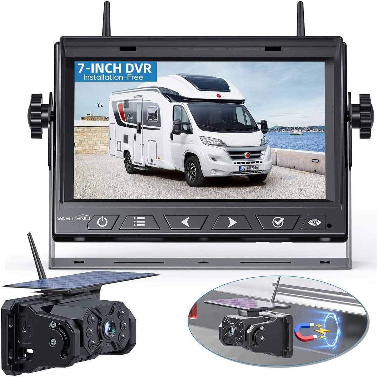 Magnetic Solar Wireless Backup Camera No Installation VASTEND 7'' Rear View Camera for Car No Delay 10000mAh Rechargeable RV Backup Camera 1080P for Truck Trailer Camper (VS-7A) - PuriLite