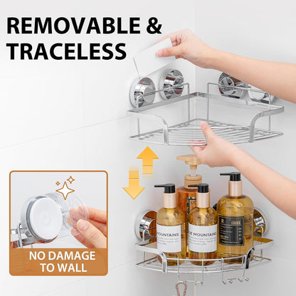 LEVERLOC Shower Caddy Suction Cup, 2 Pack Black Shower Shelf with Hooks and Soap Holder, NO-Drilling Bathroom Organizer, Rustproof Metal Bathroom Storage and Organization - PuriLite