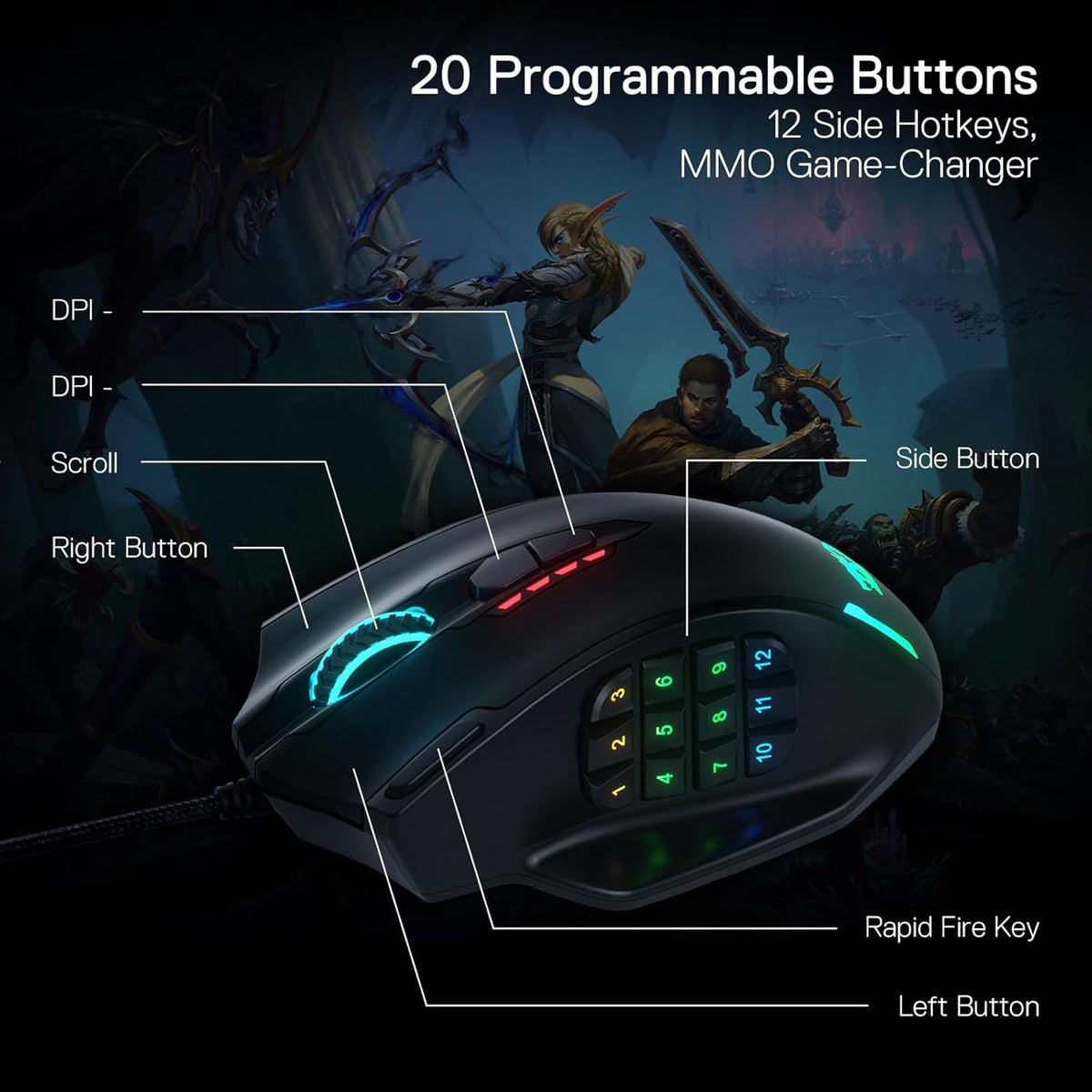 Redragon M913 Impact Elite Wireless Gaming Mouse, 16,000 DPI Wired/Wireless RGB Mouse with 16 Programmable Buttons, 45 Hr Battery and Pro Optical Sensor, 12 Side Buttons MMO Mouse - PuriLite
