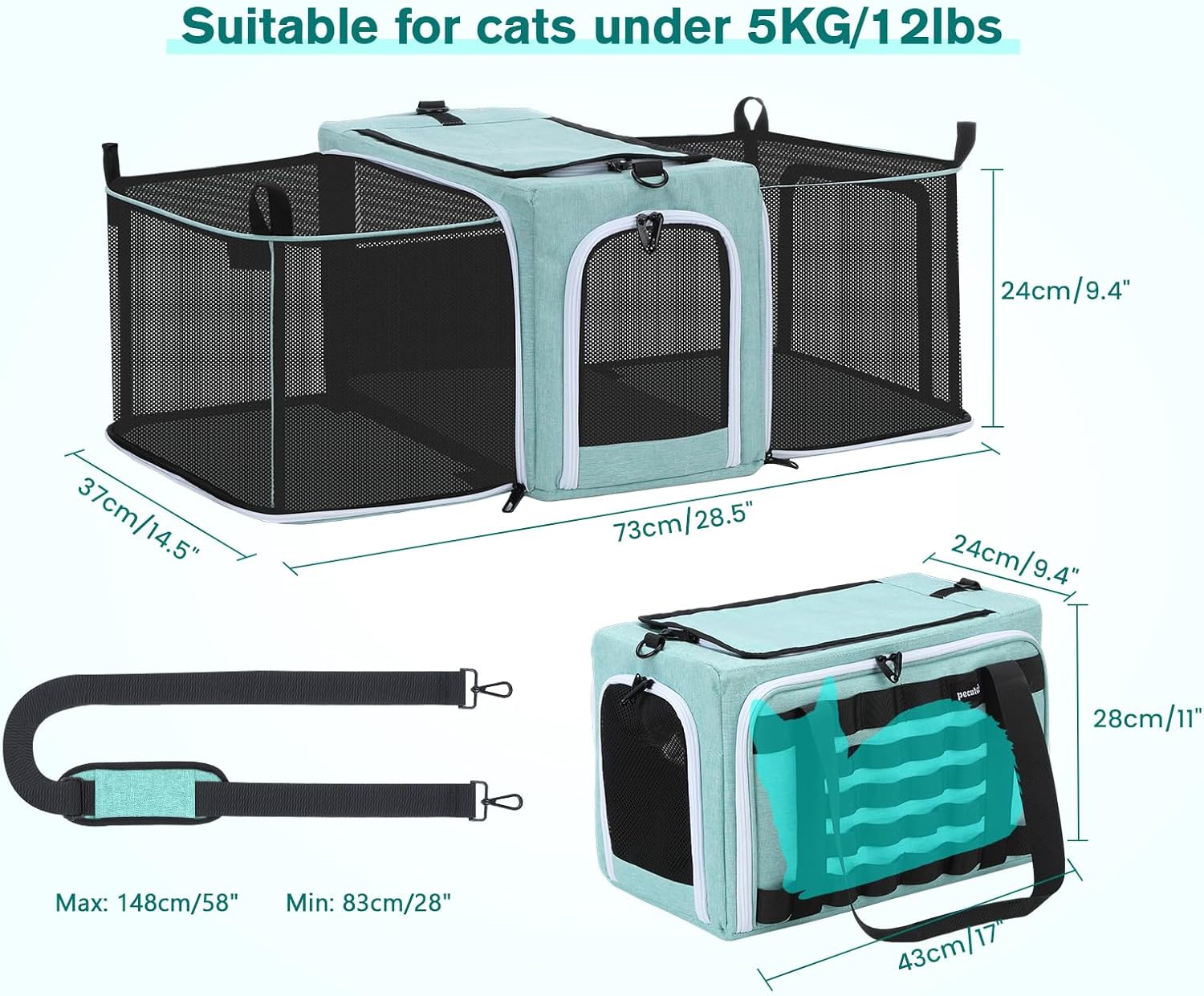 Approved Collapsible Cat Soft-Sided Carriers, Breathable Pet Carriers up to 5kg/12lbs, Portable Dog Carrier Great for Travel, Outdoor, Hiking, Camping(Gray) - PuriLite