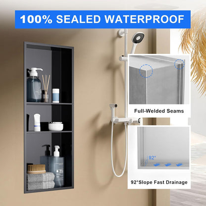 MENATT No Tile Shower Niche, Stainless Steel Wall Niche 13"X19"(Inner Size 12"X18"), Two-Tier Bathroom Shelf, NO Tile Needed Recessed Niche Shower for Bathroom Storage, Black - PuriLite