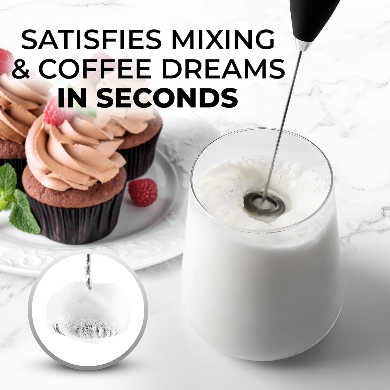 Zulay Kitchen Powerful Double Whisk Milk Frother Handheld - Foam Maker with Stand - Whisk Drink Mixer for Coffee, Mini Foamer for Latte, Matcha, Frappe, Hot Chocolate & Cappuccino (Black) - PuriLite
