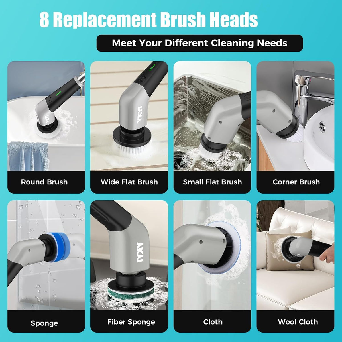 YKYI Electric Spin Scrubber,Cordless Electric Cleaning Brush,Shower Scrubber with 8 Replaceable Brush Heads,Power Scrubber 2 Adjustable Speeds,Bathroom Brush with Long Handle for Bathtub,Tile,Floor - PuriLite