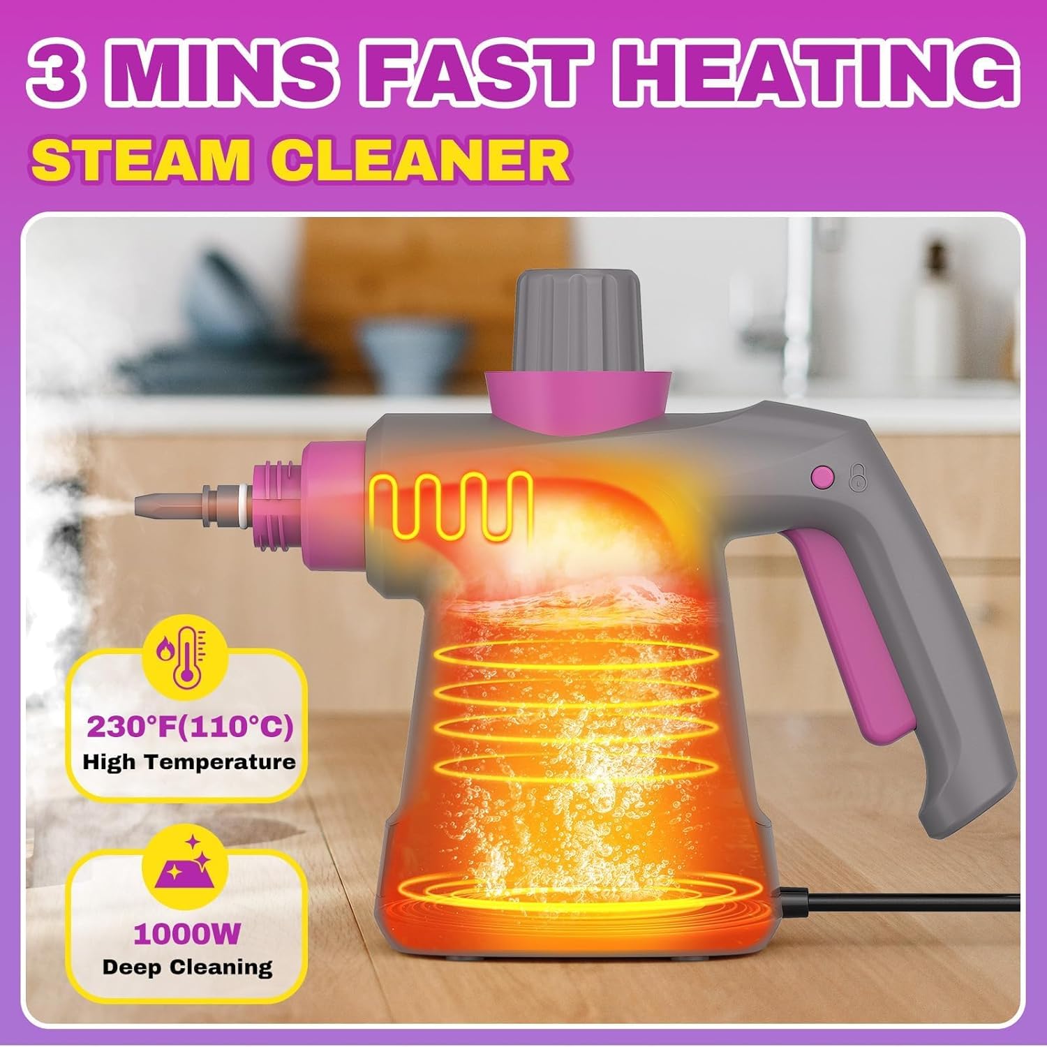 AOTER Pressurized Handheld Steam Cleaner, Portable Steam Cleaner Multipurpose for Home, Multi-Surface Steam Cleaner for Tile, Grout, Windows, Bathroom, Kitchen, Car Cleaning, with 12pcs Accessories - PuriLite