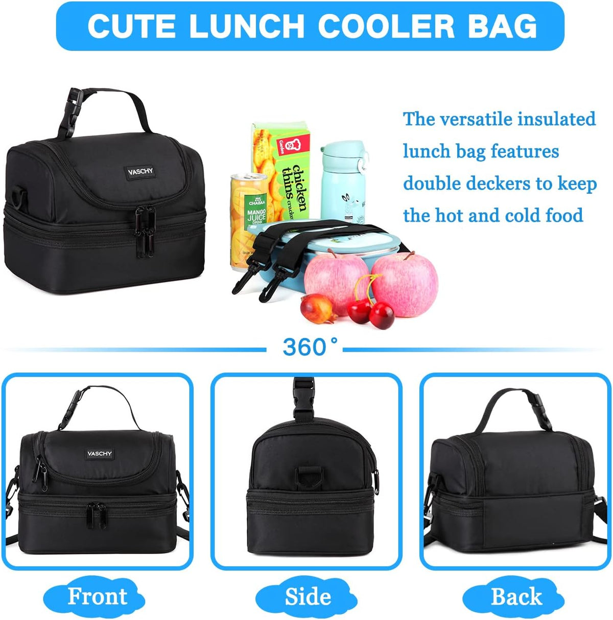 VASCHY Lunch Box Bag Men, Insulated Two Compartments Bento Cooler Bags for Adults/Women/Kids for School,Daycare,Kindergarten,Picnic Black - PuriLite