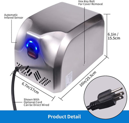 Goetland Stainless Steel Commercial Hand Dryer 1800w Automatic High Speed Heavy Duty Dull Polished - PuriLite