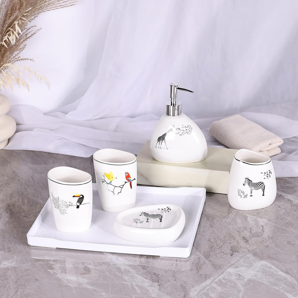 White Bathroom Accessories Set,Modern Countertop Bathroom Decor,Luxury 6 Piece Bathroom Accessory Set,Complete with Soap Dispenser,Toothbrush Holder,Tumbler,Tray - PuriLite