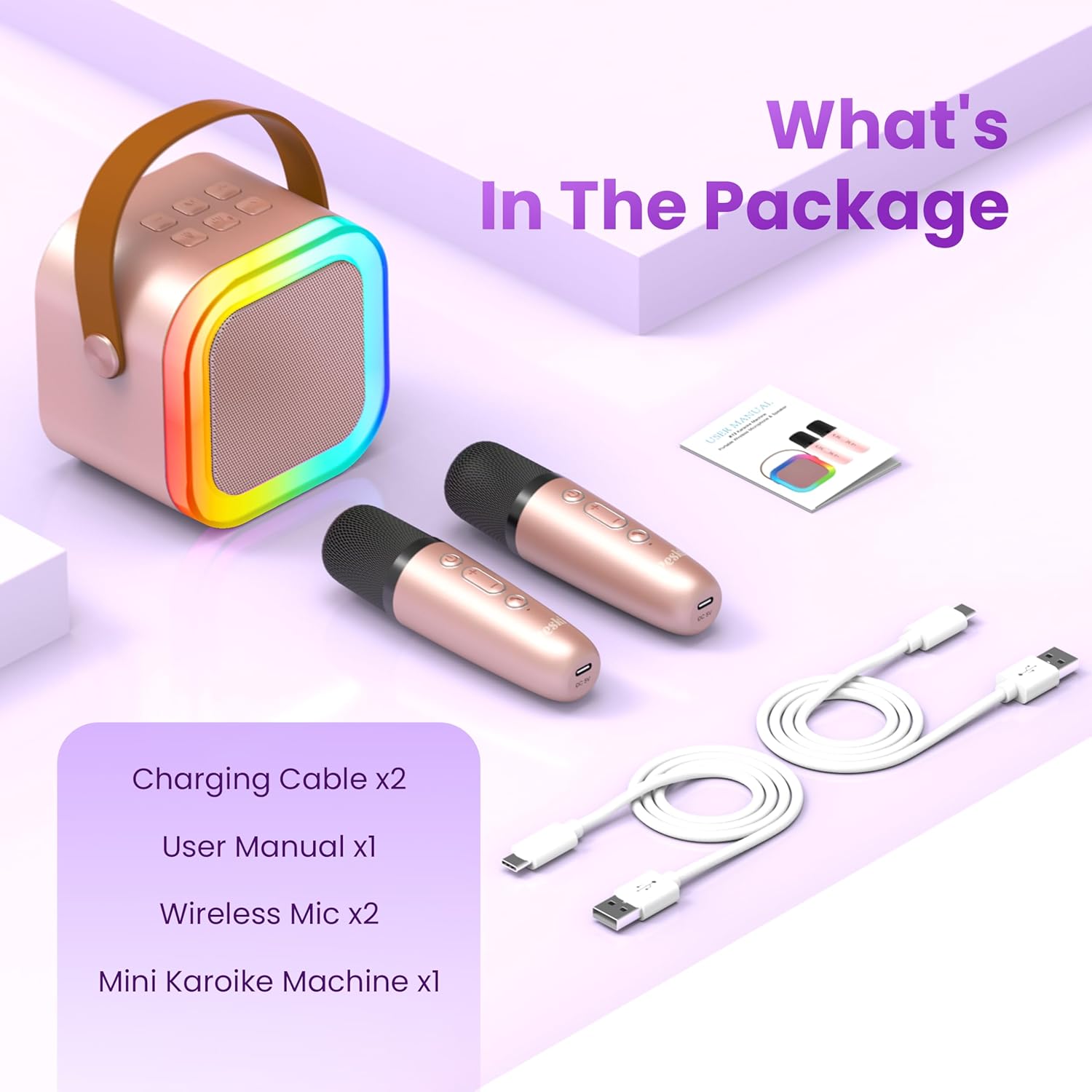 Karaoke Machine for Kids Adults, Portable Bluetooth Mini Karaoke Microphone Singing Speaker Karaoke Player with 2 Wireless Mic Toys for All Smartphones,Birthday, Family,Home Party (Purple) - PuriLite