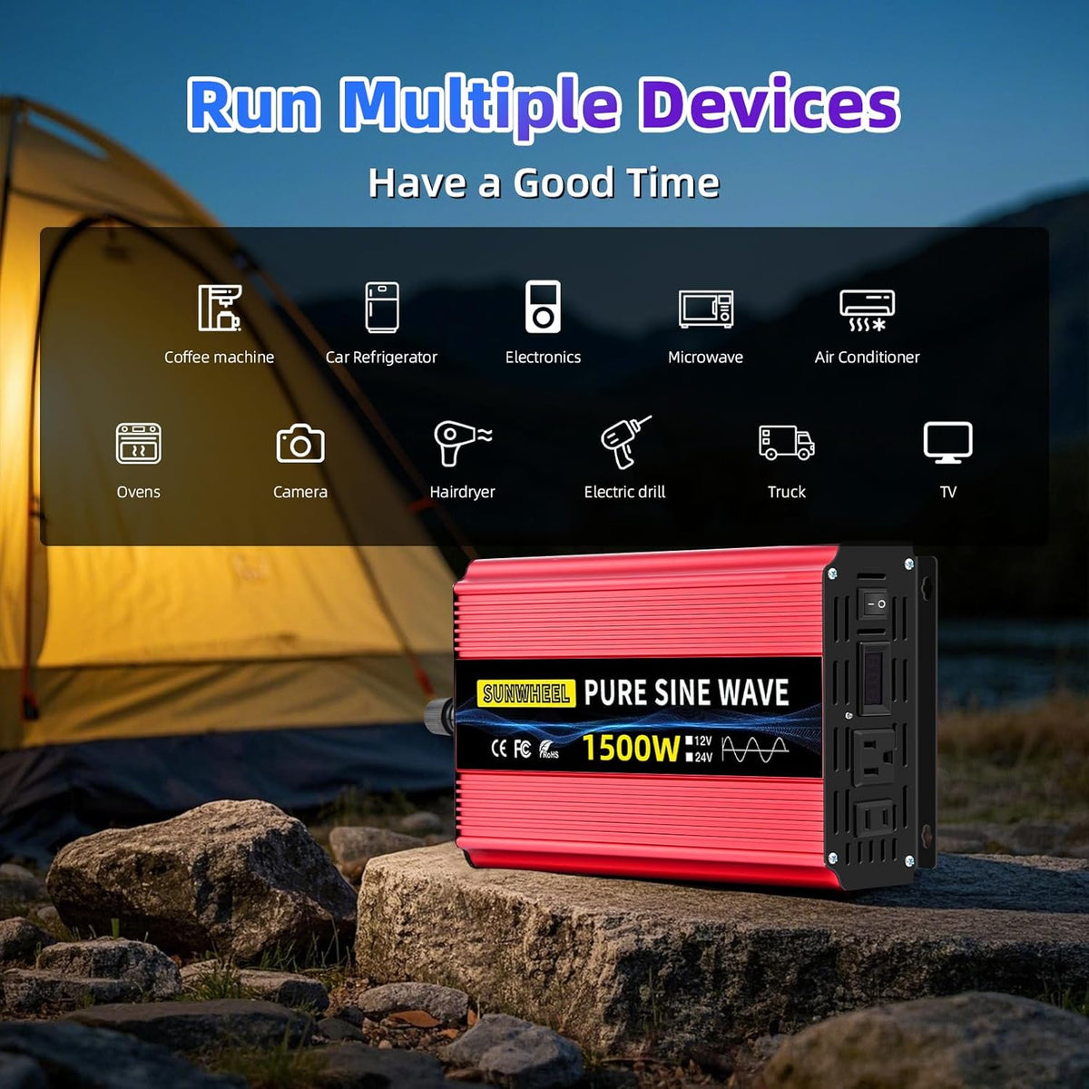 SUNWHEEL 4000W Pure Sine Wave Inverter, 12V DC to 110V/120V AC Power Inverter for RV、Microwave、Off Grid、Truck、Refrigerator、Air Conditioner with 4 AC outlets and LCD Display - PuriLite