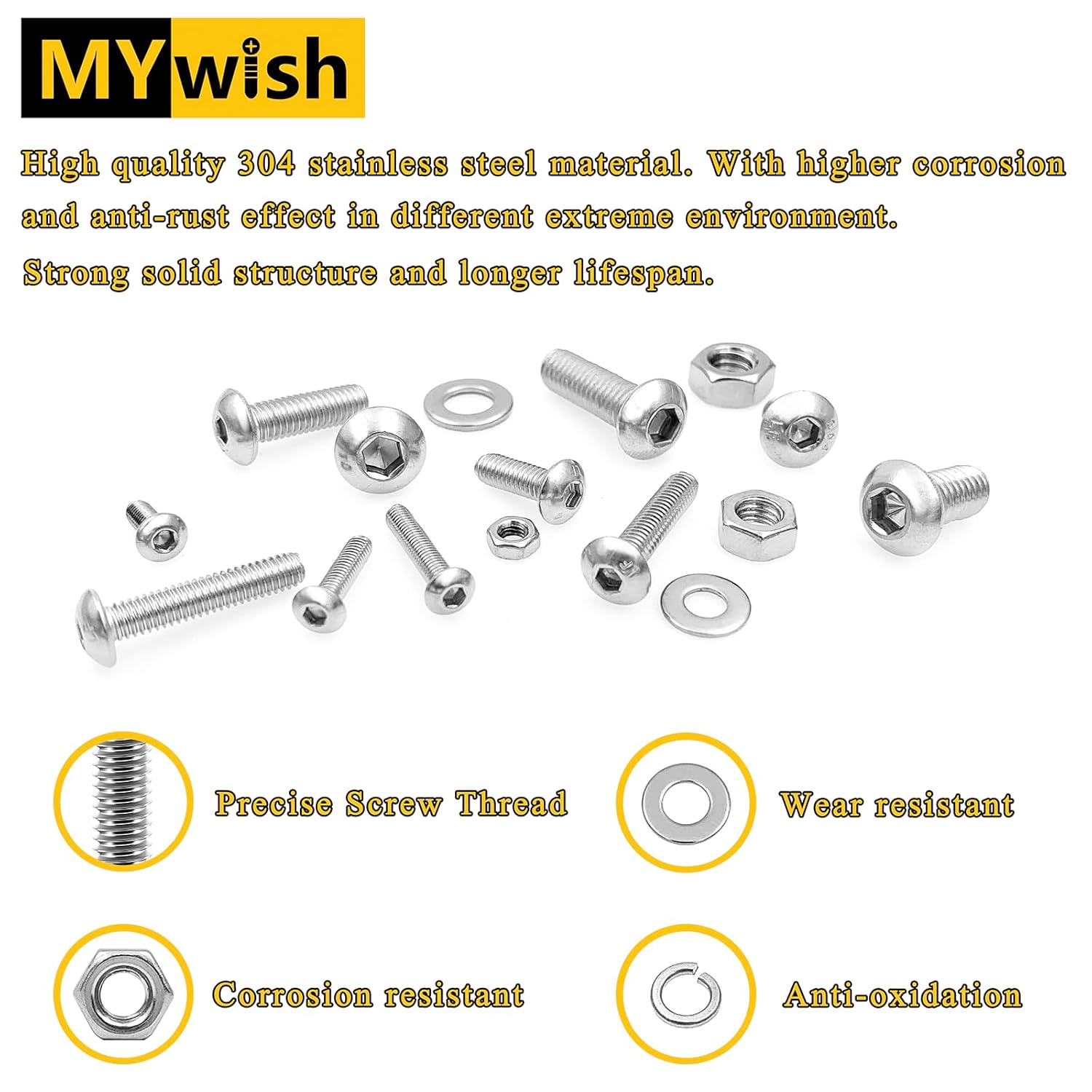 Mywish 900Pcs Metric Screw Assortment, M3 M4 M5 M6 Screw Assortment Kit 304 Stainless Steel Hex Socket Button Head Socket Cap Metric Screws Bolts & Flat Washers/Nuts/Hex Wrenches 16 Sizes 8MM to 20MM - PuriLite