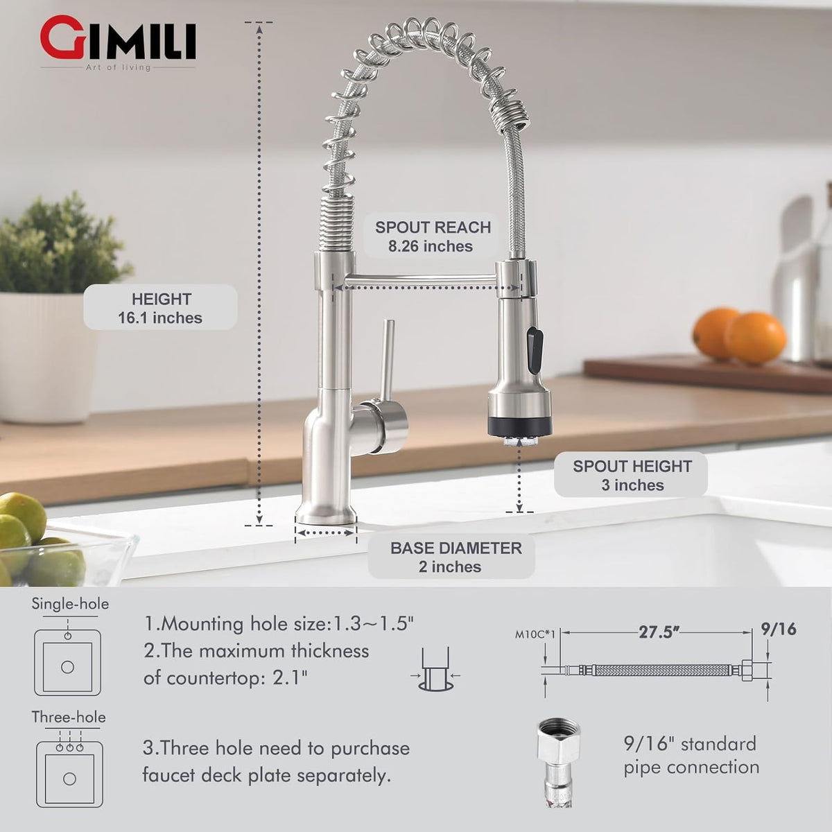 GIMILI Matte Black Kitchen Faucet with LED Light,Single Hole Spring Kitchen Sink Faucet with Pull Down Sprayer - PuriLite