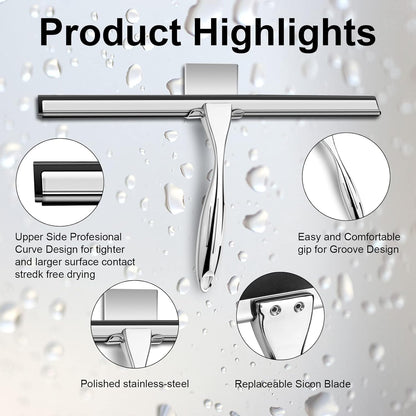 14 Inch Shower Squeegee Stainless Steel with Shower Door Hook and Adhesive Hook Glass Squeegee Bathroom for Doors, Bathroom, Windows, Kitchen, Mirror with Spare Silicone Blade 2 Hooks - PuriLite