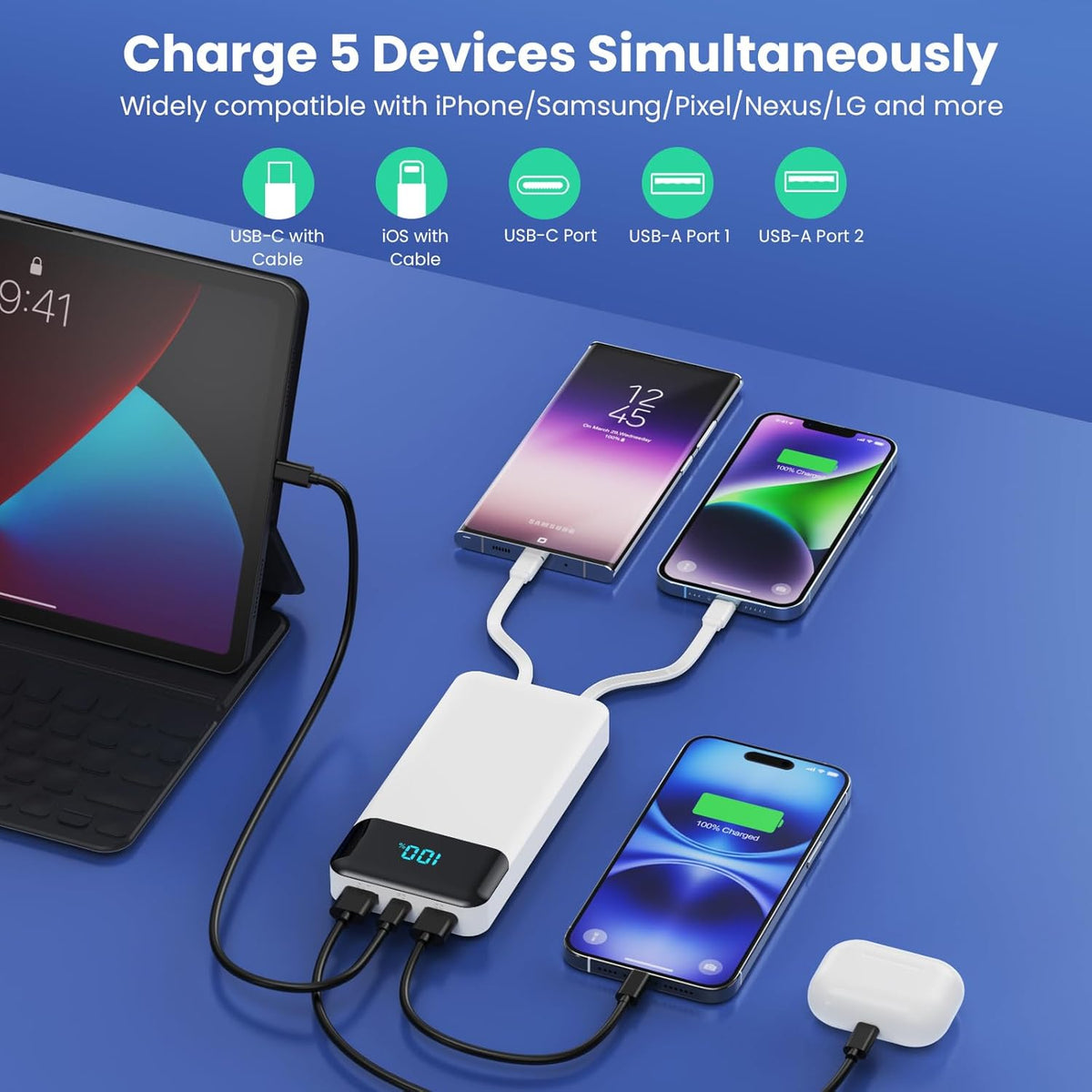 Power Bank 40800mAh Portable Charger with 3 Built-in Cable,25W PD USB C in&Out Power Bank Fast Phone Charging,QC4.0 LED Display Portable Battery Pack Compatible with iPhone 16/15,Samsung Android-Black - PuriLite