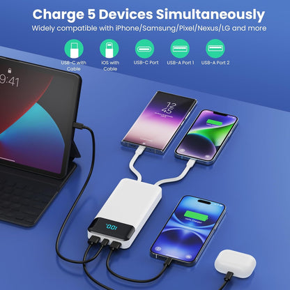 Power Bank 40800mAh Portable Charger with 3 Built-in Cable,25W PD USB C in&Out Power Bank Fast Phone Charging,QC4.0 LED Display Portable Battery Pack Compatible with iPhone 16/15,Samsung Android-Black - PuriLite