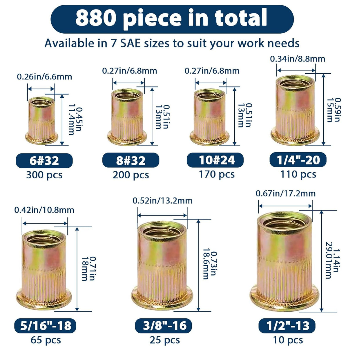 Vifmy Metric & SAE Rivet Nut Assortment Kit(420 Pcs),m3 m4 m5 m6 m8 m10 m12#6-32#8-32#10-24 1/4"-20 5/16"-18 3/8"-16 UNC Flat Head Rivnut Set,Zinc Plated Finish Carbon Steel Nutsert - PuriLite