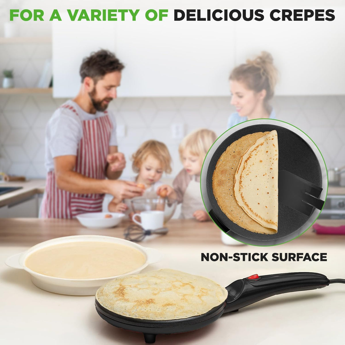 NutriChef Electric Crepe Maker, Cooks Roti, Tortillas, Pancakes, Nonstick Cooktop, 8-inch Cook Area On/Off Switch, Automatic Temperature Control & Cool Touch Handle, Includes Food Bowl, Whisk, Spatula - PuriLite