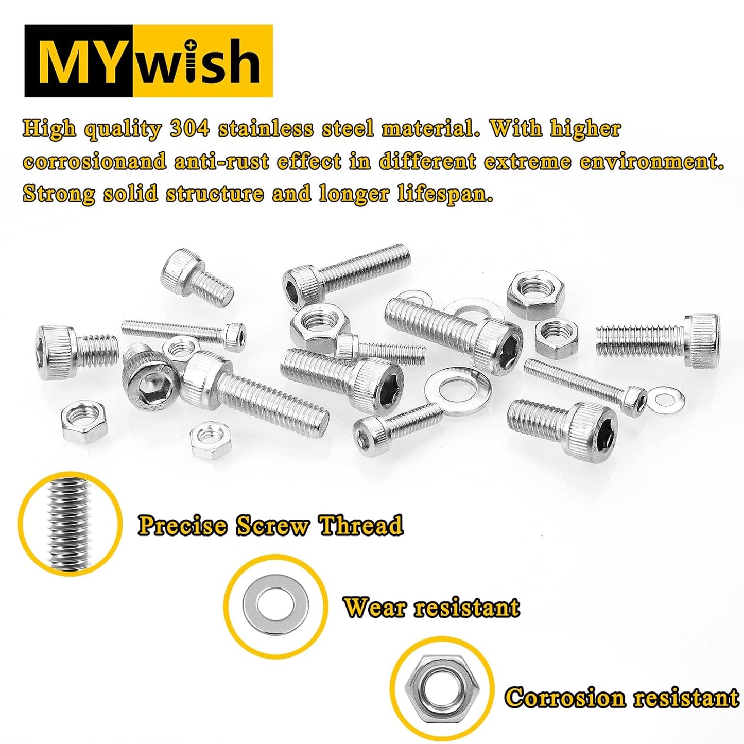 Mywish 900Pcs Metric Screw Assortment, M3 M4 M5 M6 Screw Assortment Kit 304 Stainless Steel Hex Socket Button Head Socket Cap Metric Screws Bolts & Flat Washers/Nuts/Hex Wrenches 16 Sizes 8MM to 20MM - PuriLite
