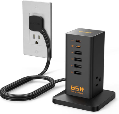 Charging Station, TESSAN 65W Max GaN USB C Charger Block, 6-Ports and 3 AC Outlets Power Tower, Fast Charging for Multiple Devices, Compatible with iPhone, Samsung and More - PuriLite