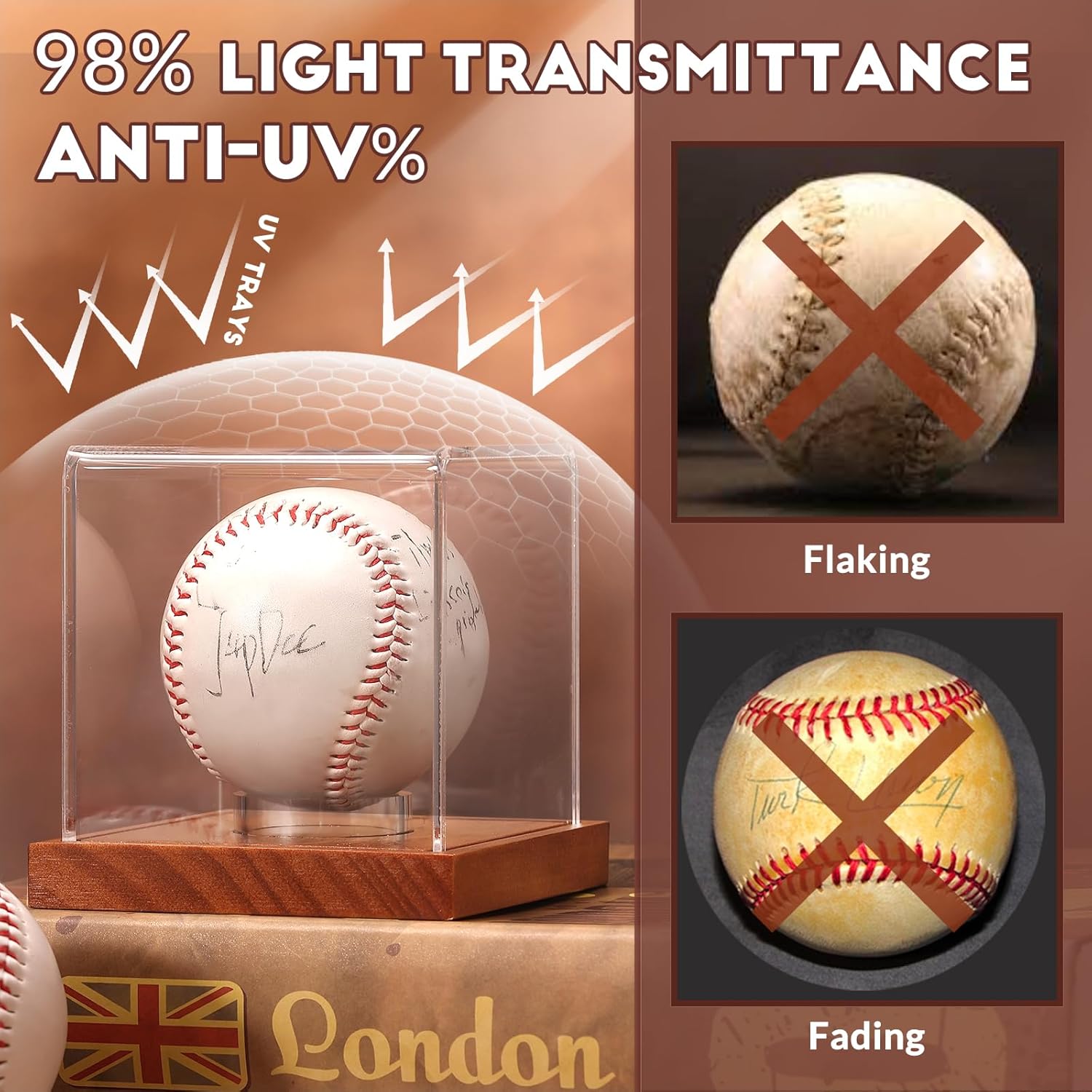JupDec Baseball Display Case, Clear Cube Baseball Holder with Wooden Base, Autograph Baseball Stand Box for Single Ball, Acacia Wood, Brown, 1 Pack - PuriLite