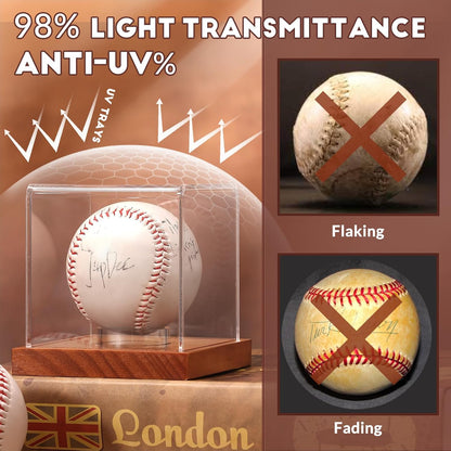 JupDec Baseball Display Case, Clear Cube Baseball Holder with Wooden Base, Autograph Baseball Stand Box for Single Ball, Acacia Wood, Brown, 1 Pack - PuriLite