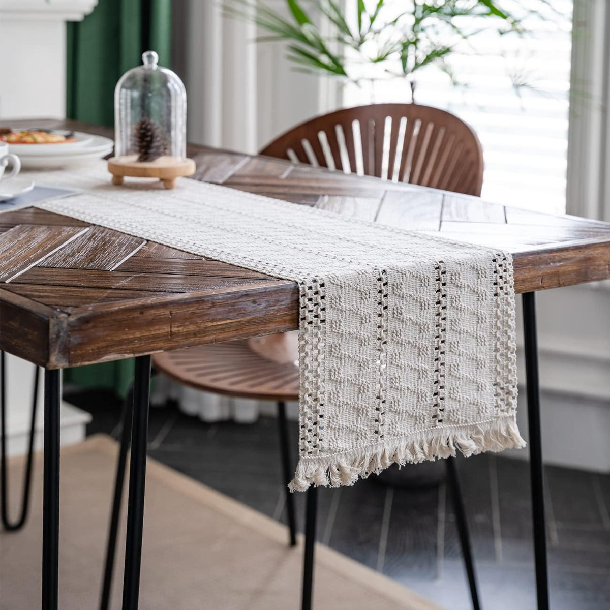 Alynsehom Macrame Table Runner Cream Beige Boho Table Runners with Tassels Hand Woven Cotton Table Runner Rustic Farmhouse Table Runners for Bohemian Kitchen Dining Table(12x95in) - PuriLite