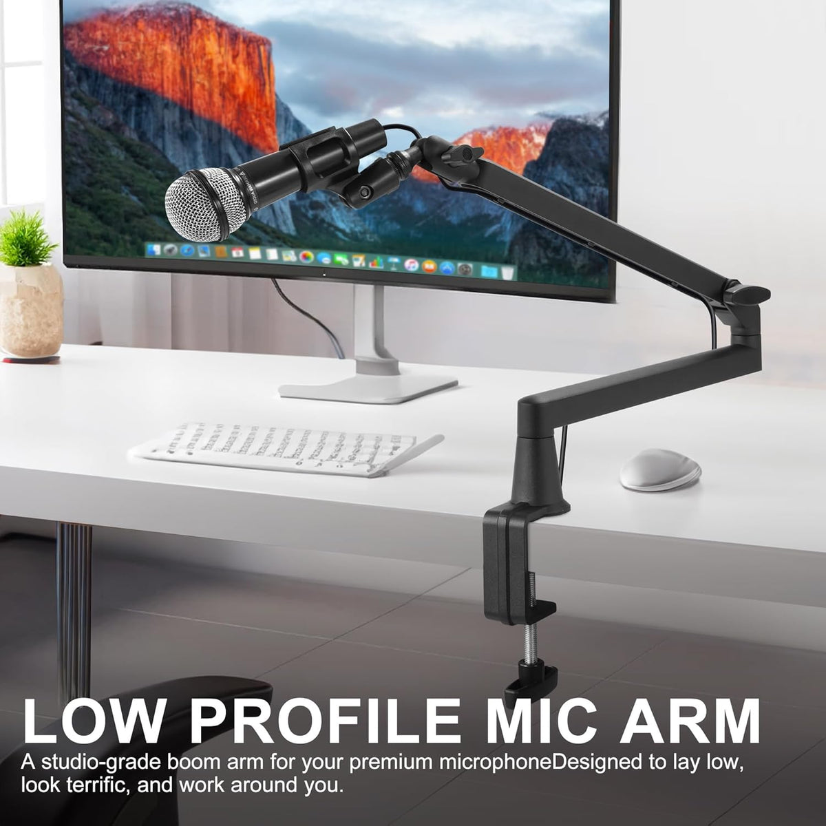 Microphone Boom Arm, Low Profile Mic Arm Professional Adjustable Solid Desk Mount Clamp,Cable Management Microphone Arm Stand for Podcast Streaming Gaming Studio Mic Stand White - PuriLite