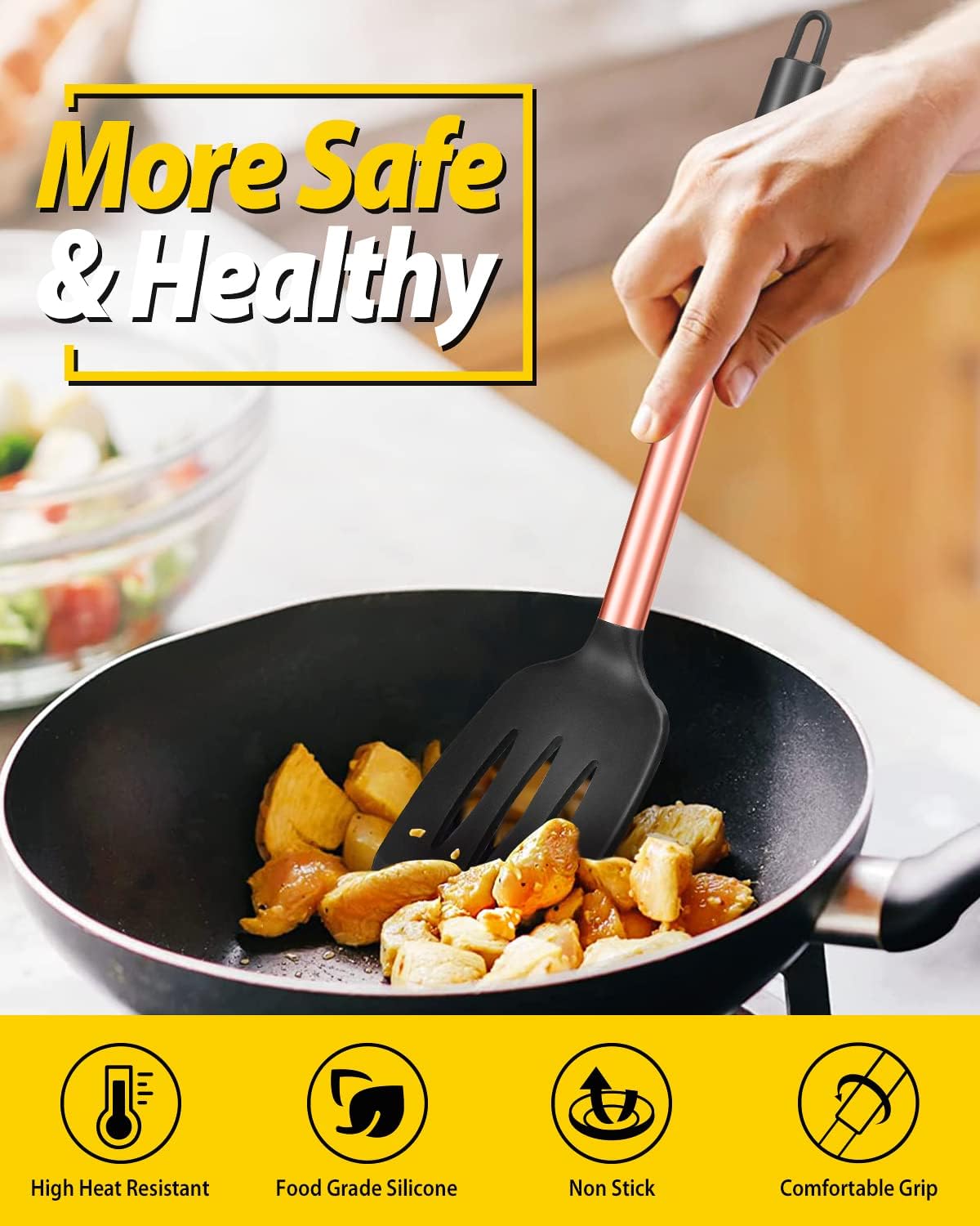 Pack of 2 Silicone Slotted Spatula,Non Stick Solid Kitchen Turner, High Heat Resistant BPA Free Cooking Utensils for Fish, Eggs, Pancakes（Black - PuriLite