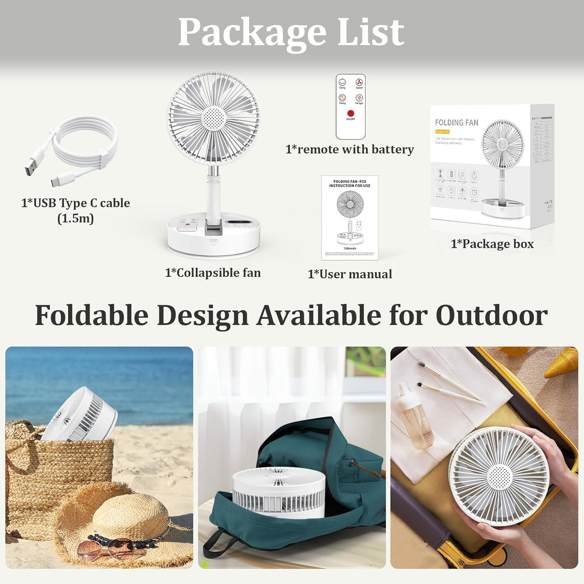 HHT Foldable Portable Standing Fan with Remote, 8" Rechargeable Floor Fan, 120° Quiet Oscillating Fan, 4 Speeds, LED Light, Timer, 7200mAh Battery, Adjustable Height Table Fan for Home Travel - PuriLite