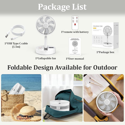 HHT Foldable Portable Standing Fan with Remote, 8" Rechargeable Floor Fan, 120° Quiet Oscillating Fan, 4 Speeds, LED Light, Timer, 7200mAh Battery, Adjustable Height Table Fan for Home Travel - PuriLite